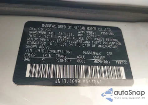 2020 Nissan Rogue Sport Sl Fwd Xtronic Cvt from USA, damaged, VIN JN1BJ1CV9LW541961